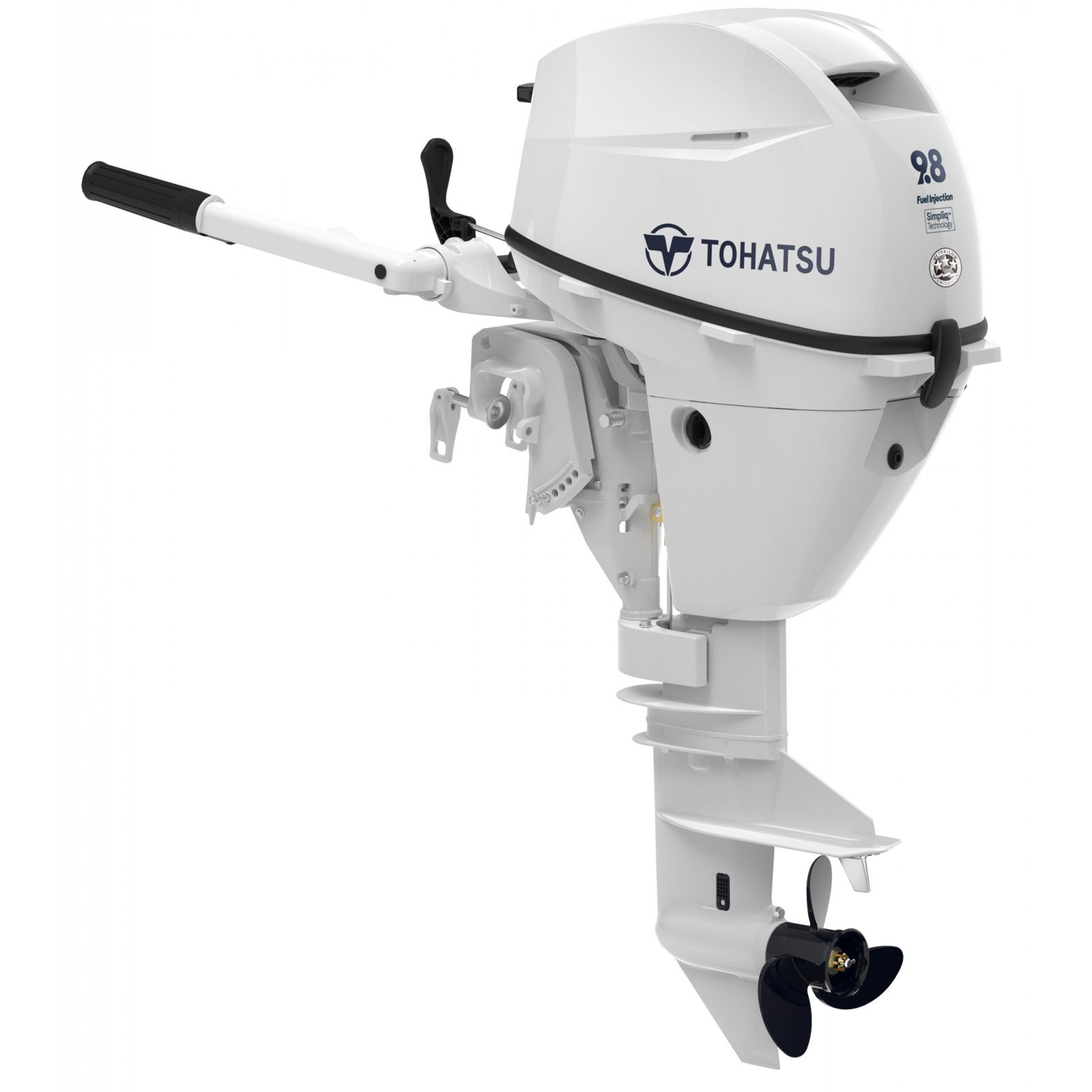 9.8 HP, TOHATSU OUTBOARD, MFS9.8CWS, EFI, 15, TILLER, FUEL TANK, MANUAL START, WHITE