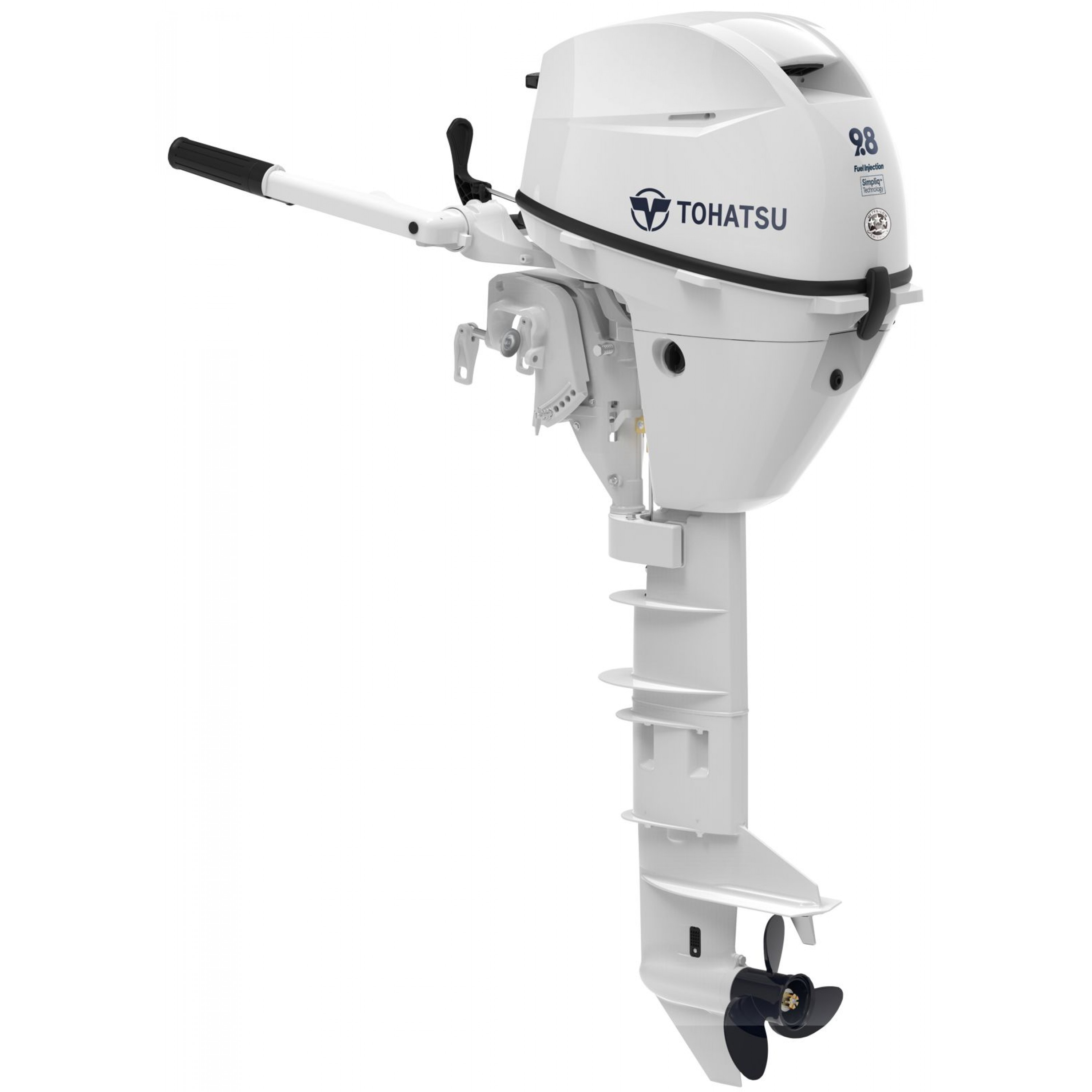 9.8 HP, TOHATSU OUTBOARD, MFS9.8CWEFUL, EFI, 25, TILLER, FUEL TANK, ELEC START, WHITE