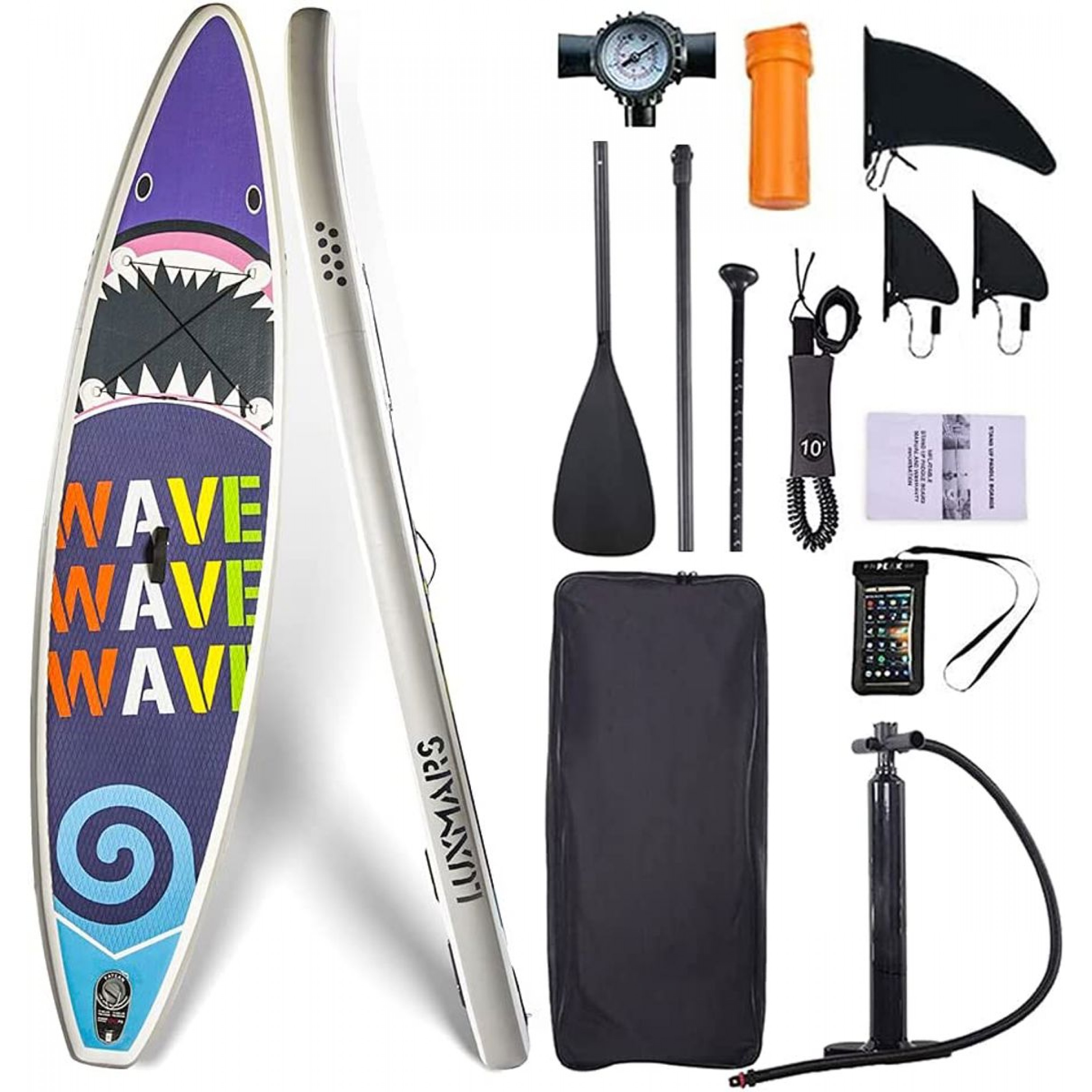 LUXMARS INFLATABLE PADDLE BOARD, INC PUMP, PADDLE, ANKLE LEASH, 3 FINS, BACKPACK, CELL BAG, 10FT X 28IN X 6IN, 21LBS