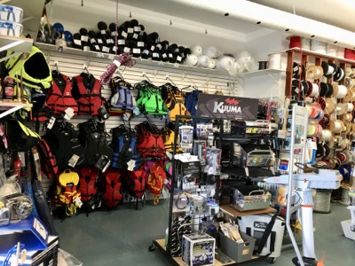 Life jackets, rope and boating accessories inside the Bridge Yachts store
