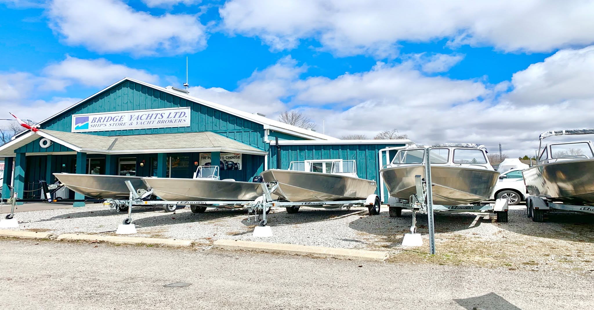 Bridge Yachts storefront and aluminum boats in Port Dover, Ontario